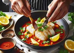 Persona haciendo bacalao con salsa roja de tomate